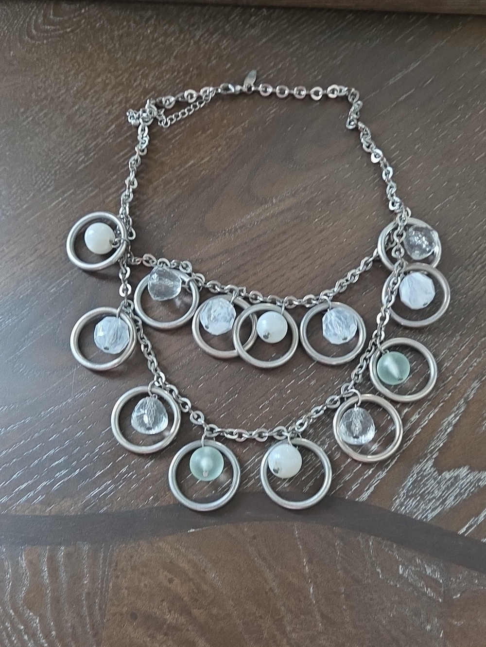 New York & Company Silver-Tone Layered Circle Necklace with Clear and Mint Beads